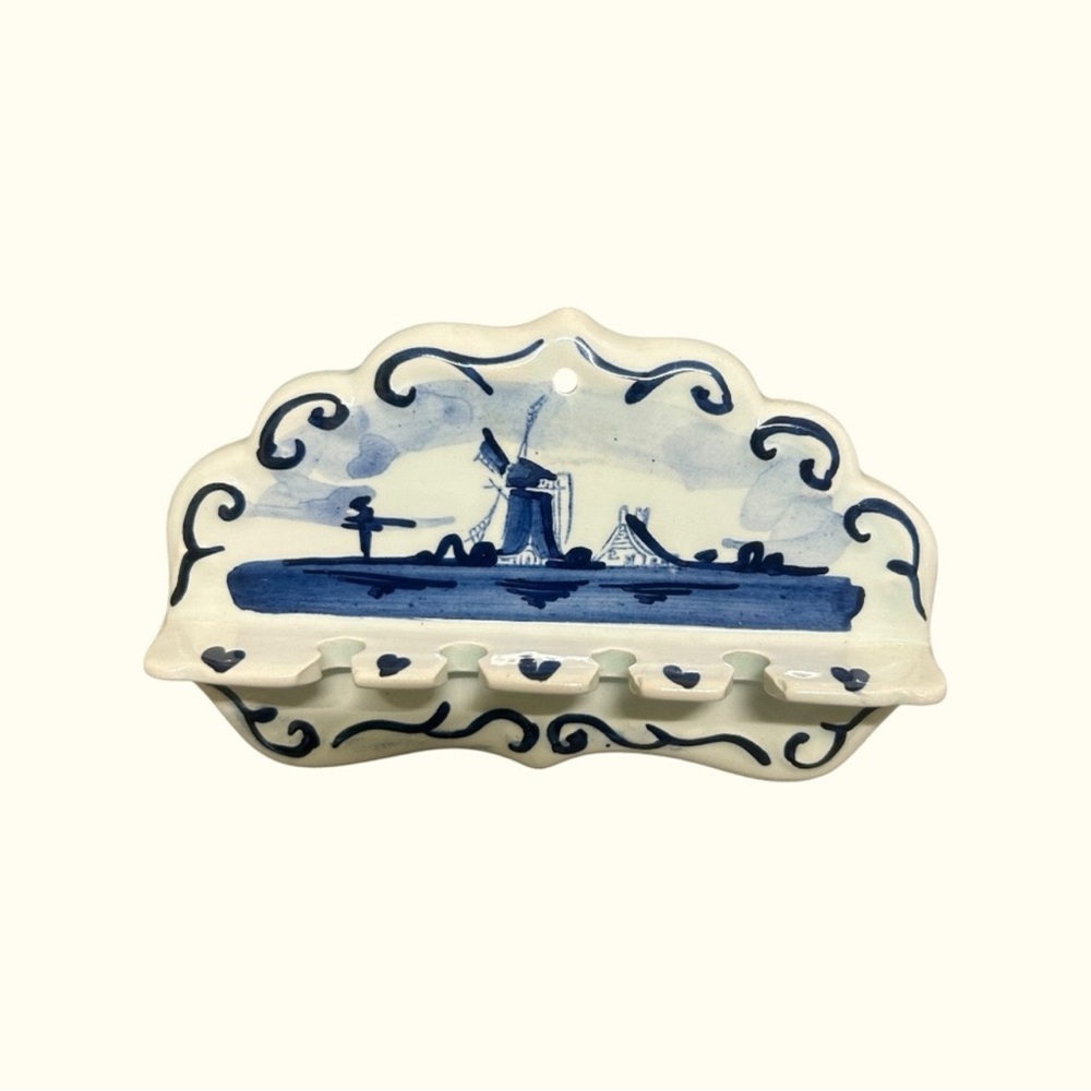 Vintage Delft Blue Hand Painted Holland Windmill Motif Spoon Rack